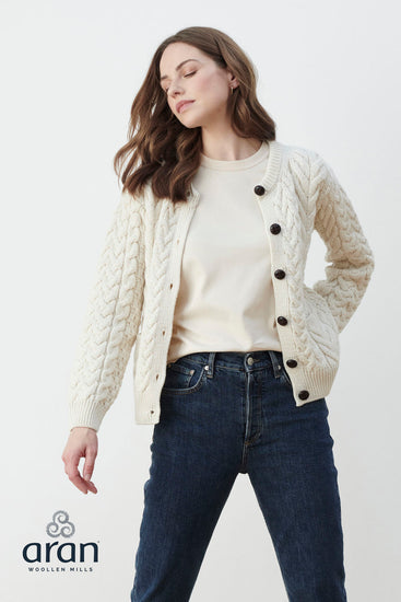 Women's Supersoft Merino Wool Cable Crew Cardigan by Aran Mills - 3 Colours