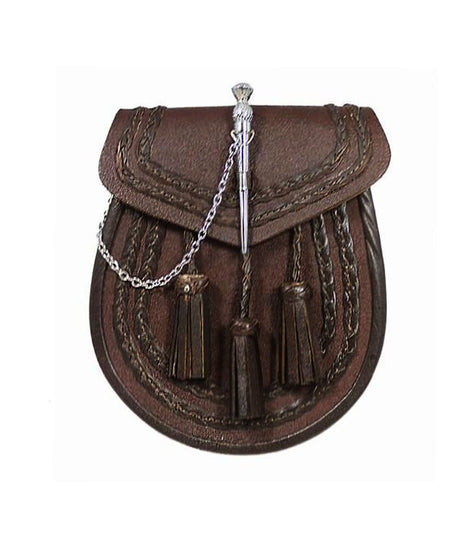 Brown Leather Braided Sporran - Thistle Pin Lock