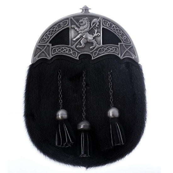 Full Dress Sporran - Lion and Saltire Design - Black Seal Skin - Matt Finish