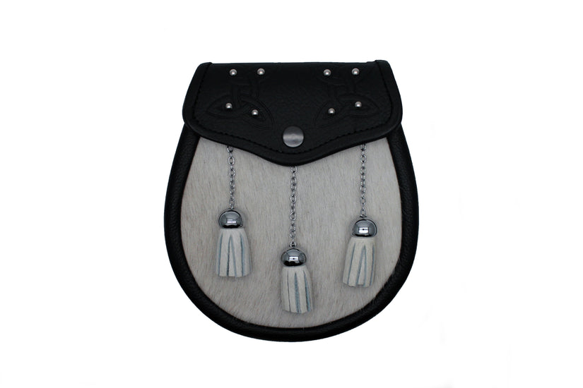 Scottish Made - Semi Dress Studded Celtic Embossed Sporran - Natural Calfskin