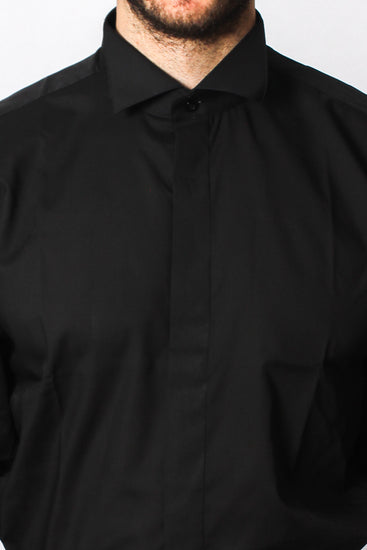 Wing Collar Formal Dress Shirt - Button Cuff - Black