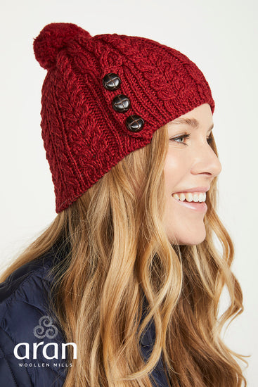 Women's Merino Wool Button Detail Hat with Bobble by Aran Mills