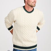 Mens Merino Wool Stripe Crew Neck Sweater by Aran Mills - Cream/Green