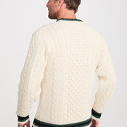 Mens Merino Wool Stripe Crew Neck Sweater by Aran Mills - Cream/Green