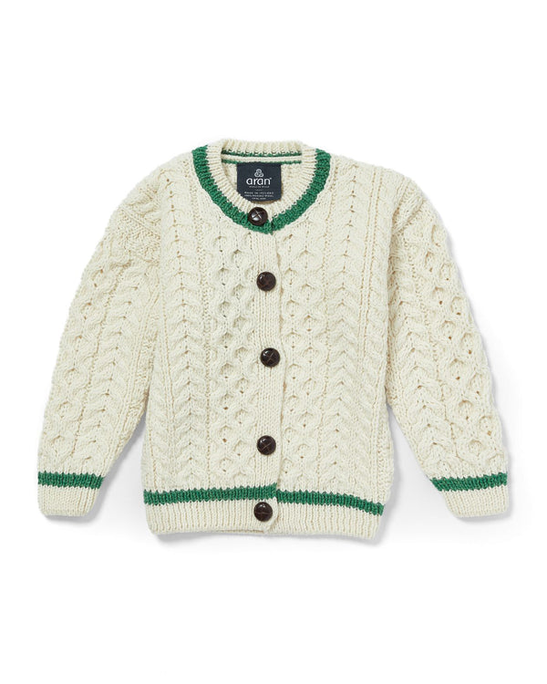 Childrens Merino Wool Stripe Detail Button Cardigan by Aran Mills - Cream/Green