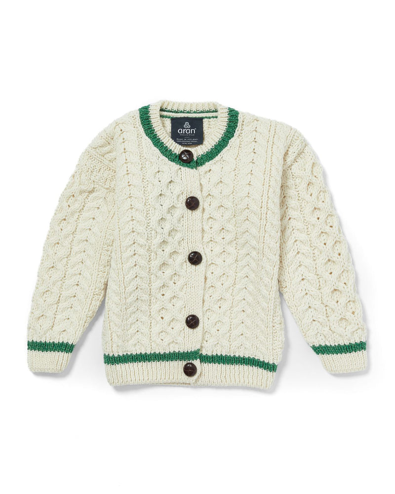 Childrens Merino Wool Stripe Detail Button Cardigan by Aran Mills - Cream/Green