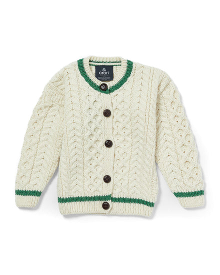 Childrens Merino Wool Stripe Detail Button Cardigan by Aran Mills - Cream/Green