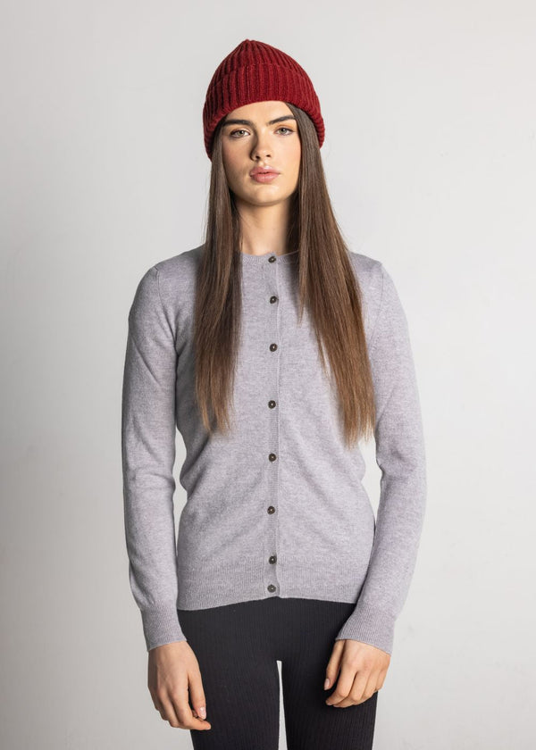 John Laing Women's Scottish Made Cashmere Crew Neck Cardigan - Light Grey