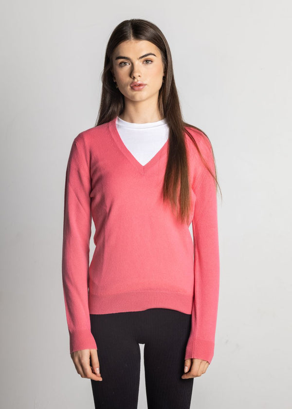 John Laing Women's Scottish Made Cashmere V-Neck Jumper - Bright Pink
