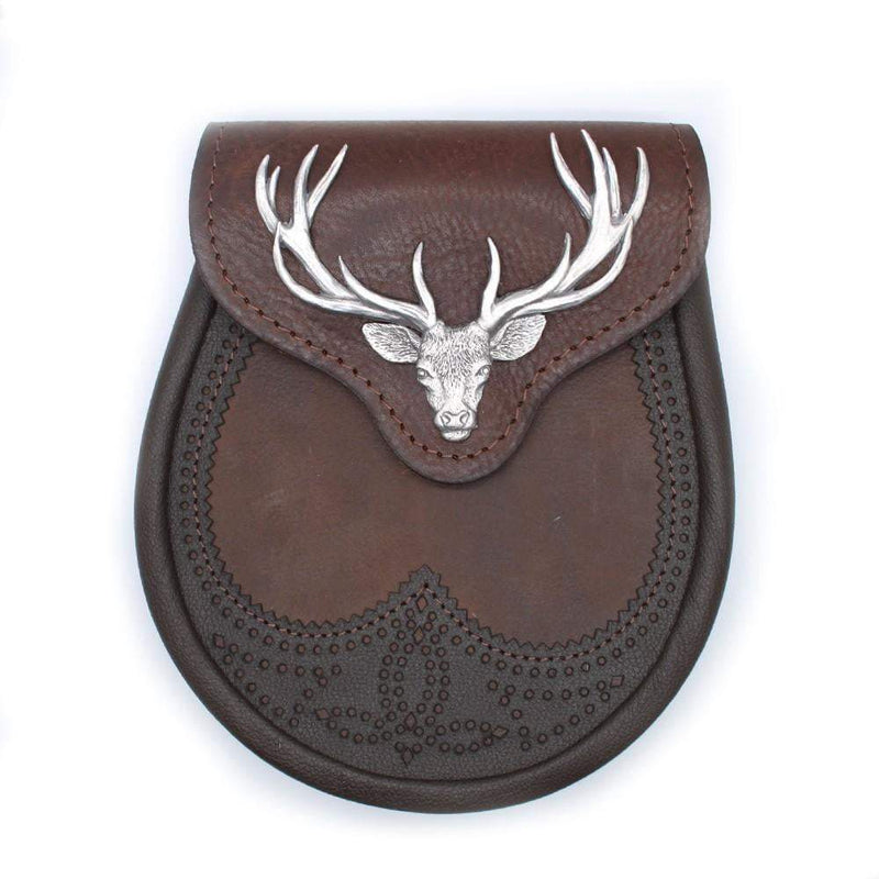 Stag Head Brogue Design Leather Sporran - 5 Colours