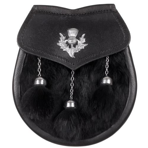 Semi Dress Sporran - Black Rabbit Fur - Thistle Emblem