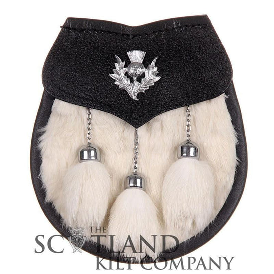 Semi Dress Sporran - White Rabbit Fur - Thistle Emblem
