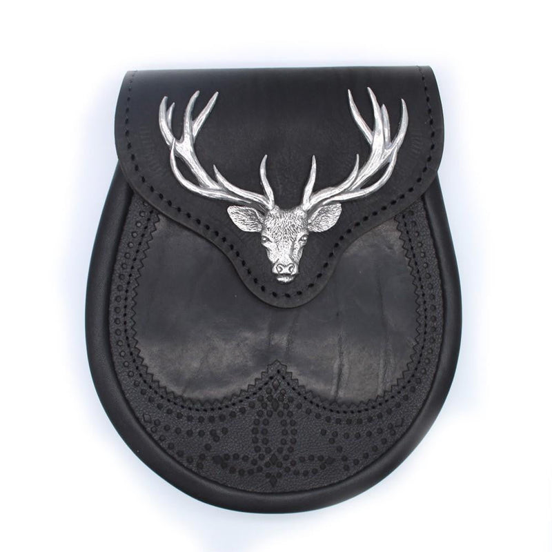 Stag Head Brogue Design Leather Sporran - 5 Colours