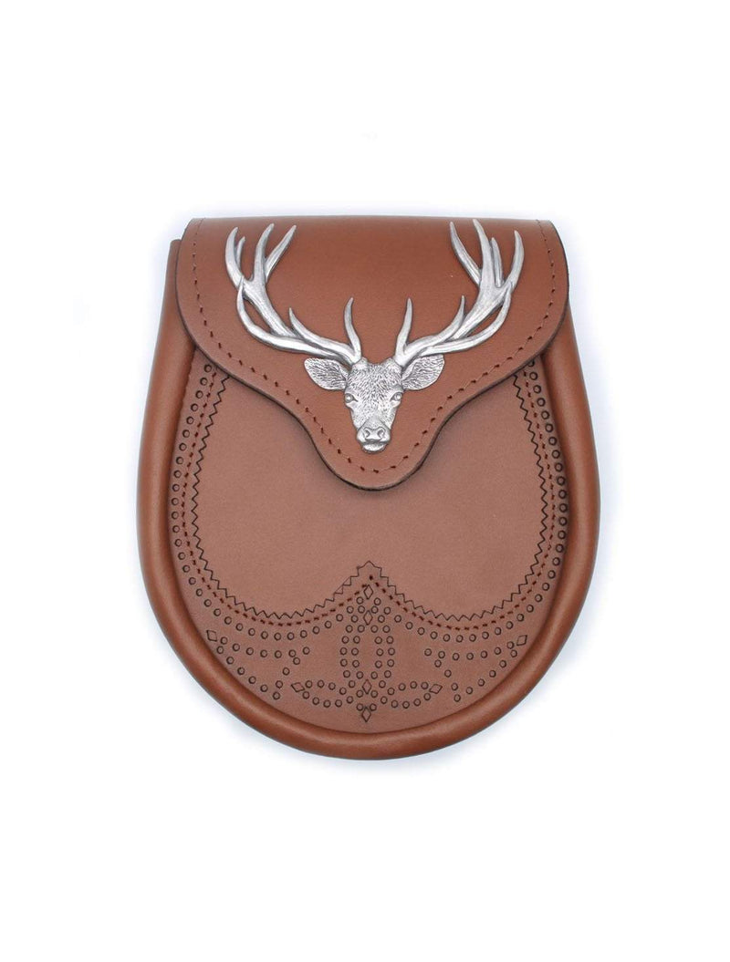 Stag Head Brogue Design Leather Sporran - 5 Colours
