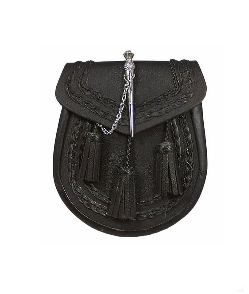 Black Leather Braided Sporran - Thistle Pin Lock