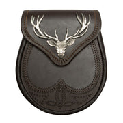 Stag Head Brogue Design Leather Sporran - 5 Colours