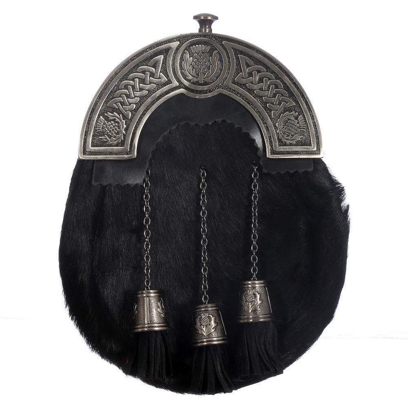 Full Dress Sporran - Black Calfskin Antique Thistle Circle Cantle