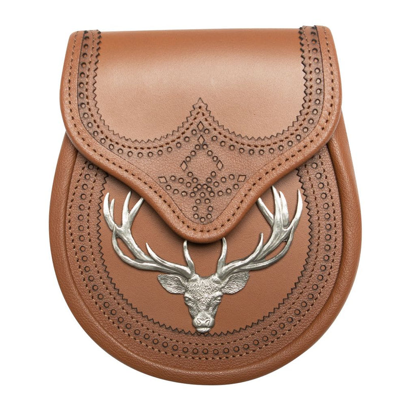 Dark Tan Leather Stag Head Elaborate Brogue Design Sporran