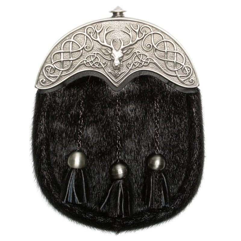 Full Dress Sporran - Stag Design - Black Seal Skin - 2 Finishes