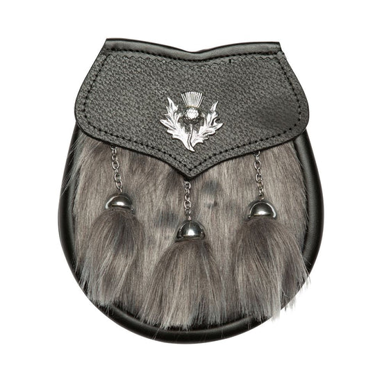Semi Dress Sporran - Grey Synthetic Fur - Thistle Emblem