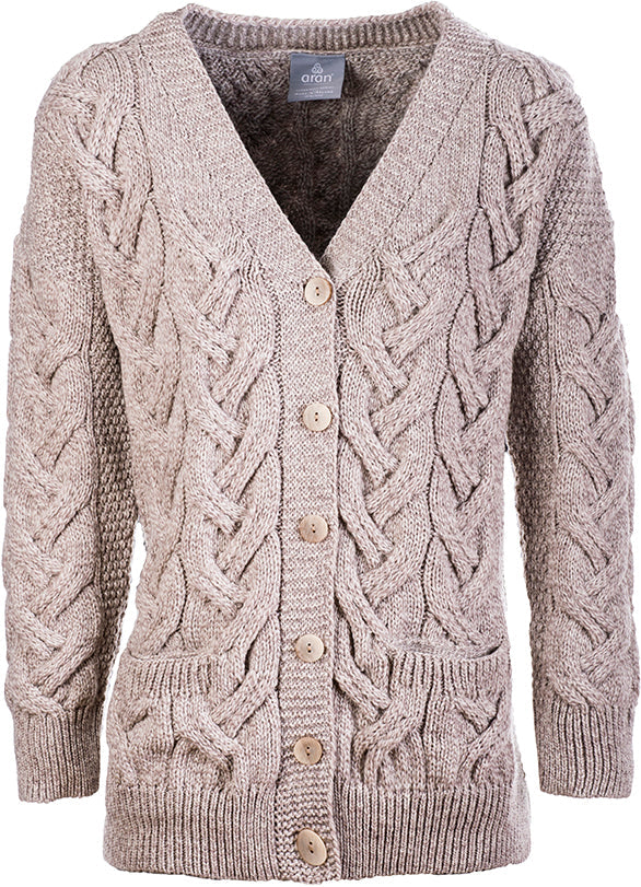 Women's Supersoft Merino Wool Chunky V-Neck Cable Cardigan by Aran Mills