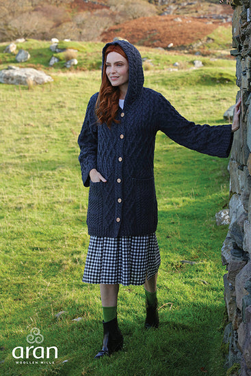 Women's Long Merino Wool Cardigan with Hood by Aran Mills