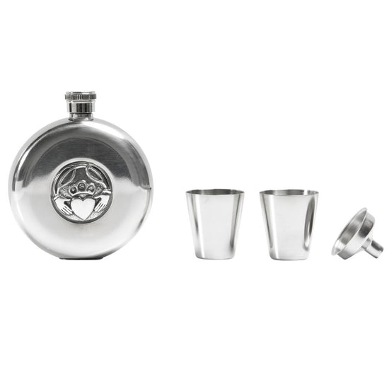 5oz Stainless Steel Hip Flask Set - Claddagh - Polished/Matt Finish