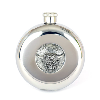 5oz Stainless Steel Hip Flask Set - Highland Cow - Polished/Matt Finish