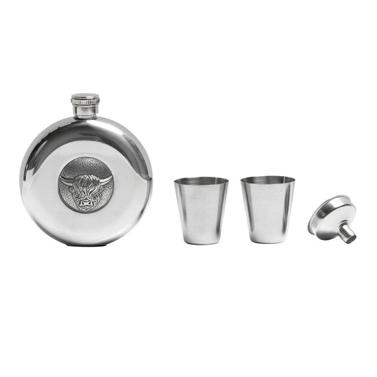 5oz Stainless Steel Hip Flask Set - Highland Cow - Polished/Matt Finish