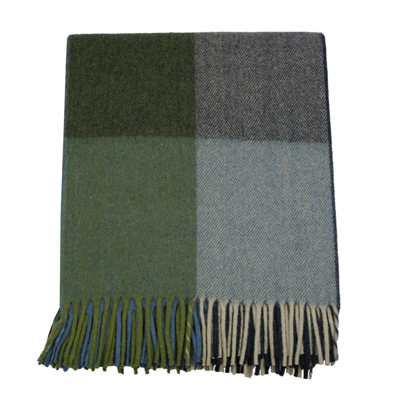 Wool Tartan Rug - Herringbone Blue/Green/Grey Check