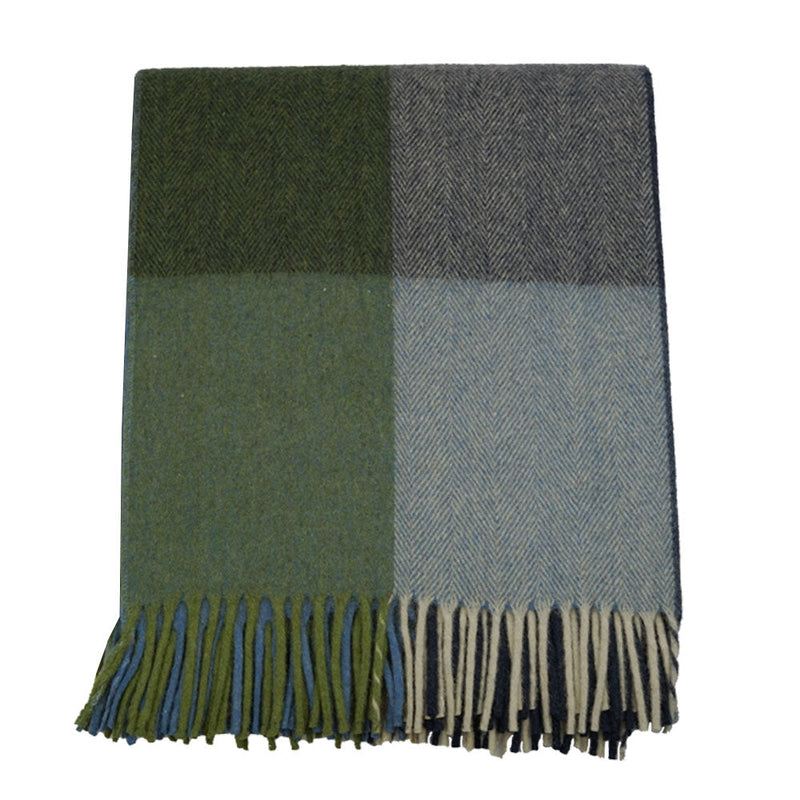Wool Tartan Blanket 60'' x 70'' Herringbone Blue/Green/Grey