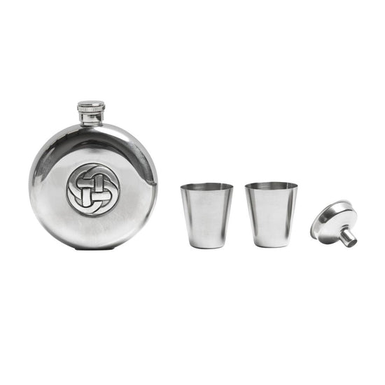 5oz Stainless Steel Hip Flask Set - Celtic Knot - Polished/Matt Finish