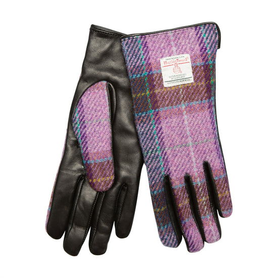 Women's Black Leather & Harris Tweed Gloves - Pink Check