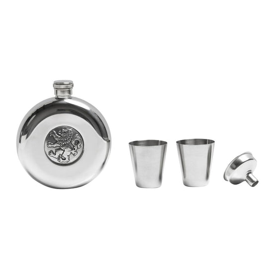 5oz Stainless Steel Hip Flask Set - Rampant Lion - Polished/Matt Finish