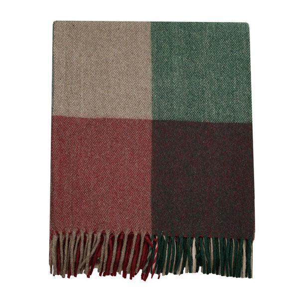 Wool Tartan Blanket - 60'' x 70'' - Herringbone Red/Green/Brown Check