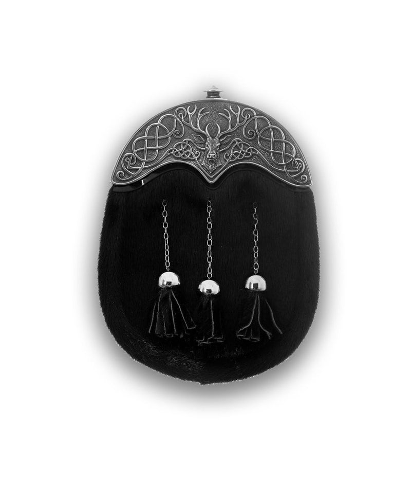 Full Dress Sporran - Stag Design - Black Seal Skin - 2 Finishes