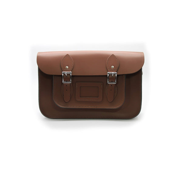 15 inch Real Leather Buckle Satchel Bag - Brown
