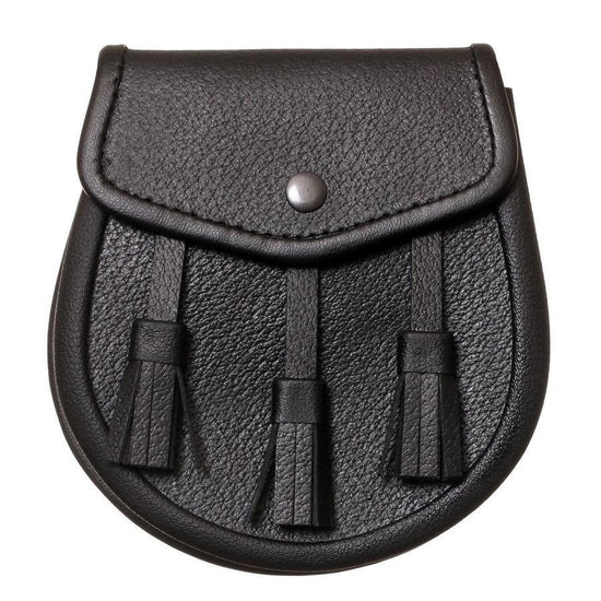 Black Leather Scottish Kilt Sporran – Embossed, 3 Tassels, Pin Lock, Adjustable Chain Belt